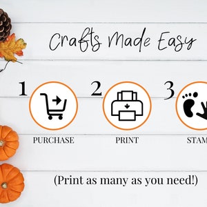 May include: A white wood background with a graphic showing three steps to make crafts: purchase, print, and stamp. The graphic includes icons for each step. The text "Crafts Made Easy" is at the top of the graphic.