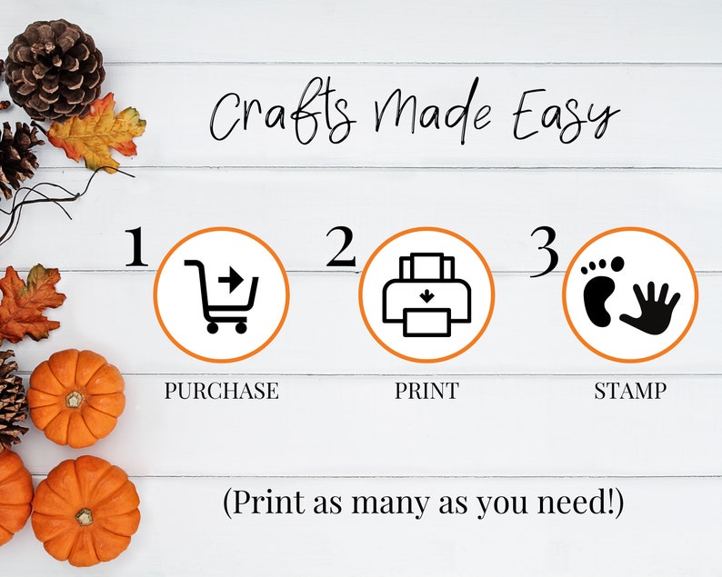 May include: A white wood background with a graphic showing three steps to make crafts: purchase, print, and stamp. The graphic includes icons for each step. The text "Crafts Made Easy" is at the top of the graphic.