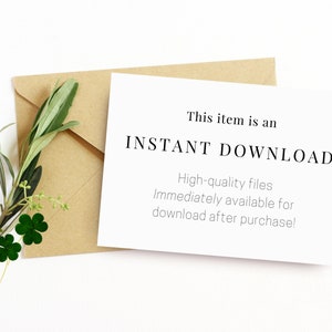 Peut inclure: Une carte blanche avec le texte "This item is an INSTANT DOWNLOAD. High-quality files Immediately available for download after purchase!" sur une enveloppe brune avec de la v&eacute;g&eacute;tation verte.