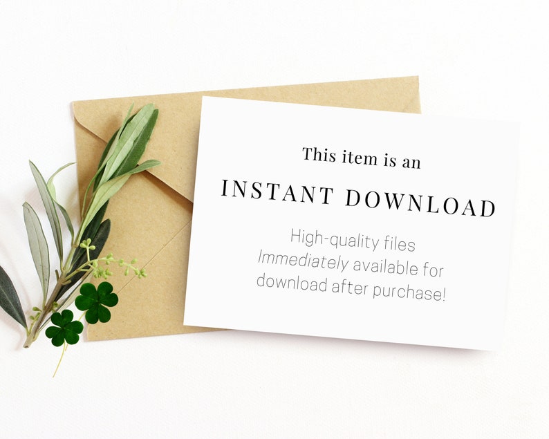 Peut inclure: Une carte blanche avec le texte "This item is an INSTANT DOWNLOAD. High-quality files Immediately available for download after purchase!" sur une enveloppe brune avec de la v&eacute;g&eacute;tation verte.