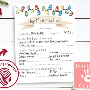 Lieber Santa Brief druckbar für Kinder, Buchstabe an Santa Printout Seite, Fingerabdruck Art Vorschulaktivität, Weihnachtsbeleuchtung