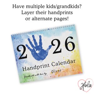 May include: A handprint calendar with the numbers "2" and "26" in black. The calendar features a blue handprint and the text "Handprint Calendar" and "Handmade with love by Oliver". The background has a watercolor effect.