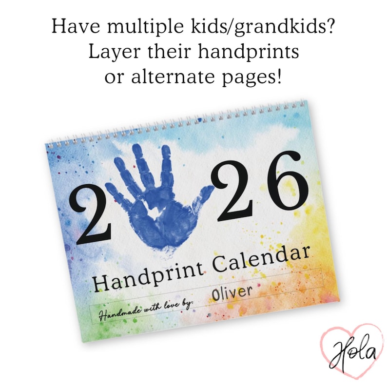 May include: A handprint calendar with the numbers "2" and "26" in black. The calendar features a blue handprint and the text "Handprint Calendar" and "Handmade with love by Oliver". The background has a watercolor effect.