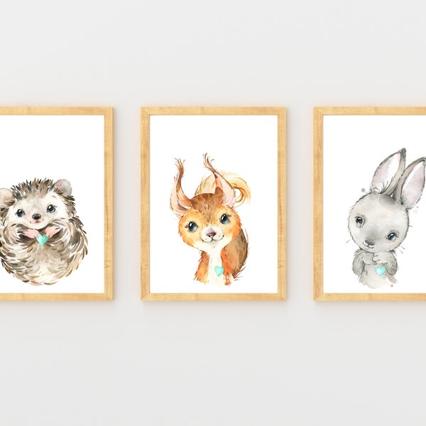 Woodland Decor, Set of 3 Baby Forest Animals, Watercolor Painting Art Prints, Little Bunny Rabbit Squirrel Hedgehog