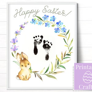 Regalo de Pascua de un nuevo bebé, tarjeta personalizada, recuerdo de arte de huellas, plantilla imprimible de conejito de Pascua en acuarela
