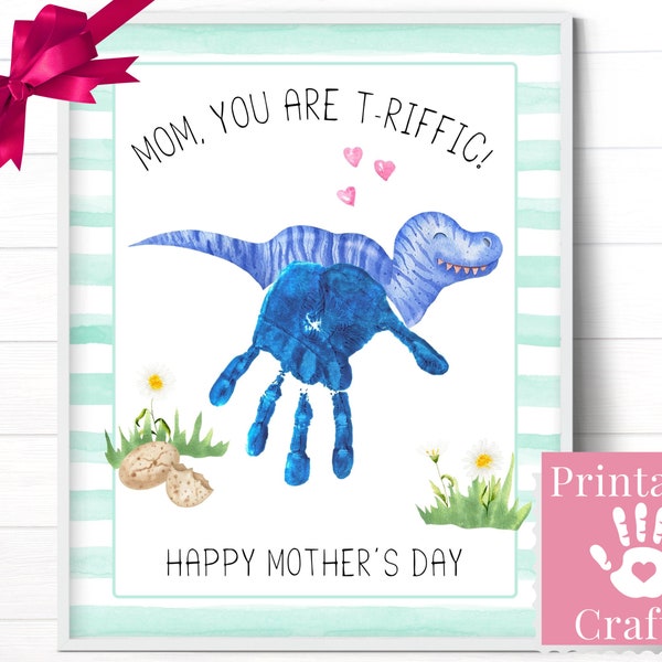 T Rex Dinosaur Mother's Day Gift for Mom, Personalized Handprint Art Card from Toddler, Printable Craft from Son