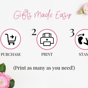 May include: A graphic showing three steps to create a personalized gift. The steps are purchase, print, and stamp. The graphic is on a white background with pink flowers.