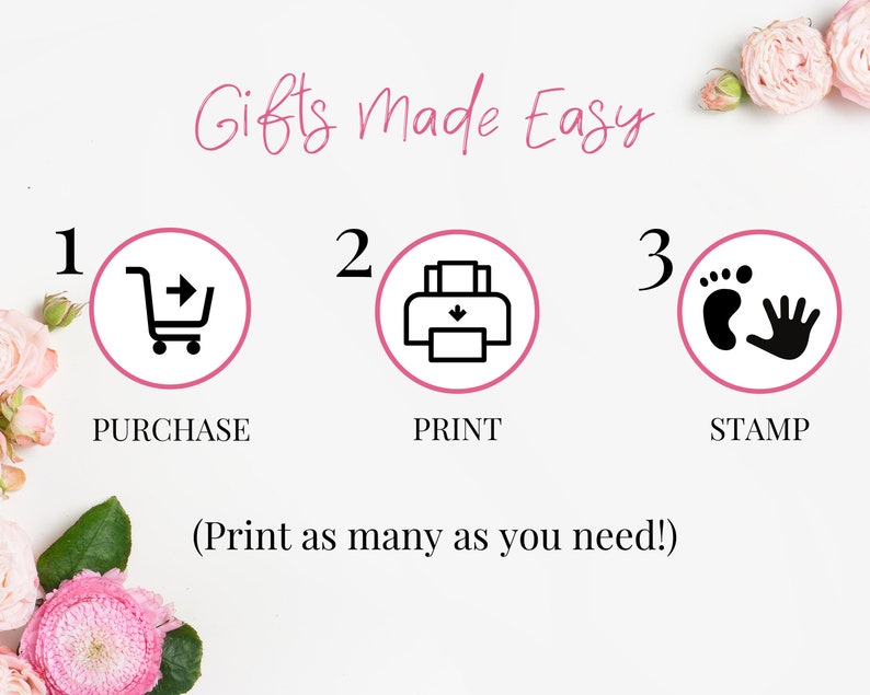 May include: A graphic showing three steps to create a personalized gift. The steps are purchase, print, and stamp. The graphic is on a white background with pink flowers.