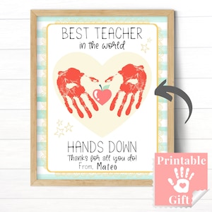 Certificat du meilleur enseignant, cadeaux de fin d'année pour les enseignants imprimables, carte de remerciement personnalisée pour l'enseignant des enfants, cartes d'empreintes de la main