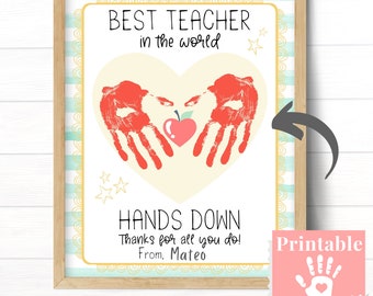 Best Teacher Hands Down Certificate, End of Year Teacher Gifts Printable, Personalized Thank You Card for Teacher from Kids, Handprint Cards