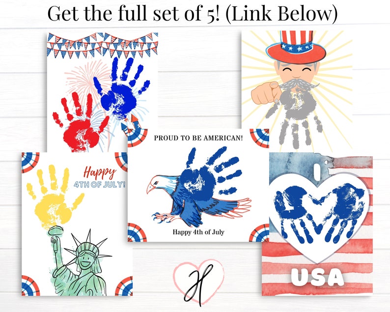 May include: Set of five printable cards featuring handprint art with a patriotic theme. The cards include a red, white, and blue handprint with fireworks, a yellow handprint with the Statue of Liberty, a blue handprint with an eagle, a blue handprint with a heart, and a gray handprint with a cartoon Uncle Sam. The cards have the text "Happy 4th of July!" and "Proud to be American!"