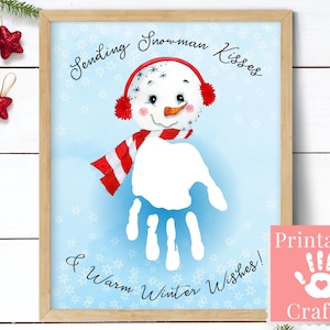 Plantilla de tarjetas navideñas, regalos para abuelos, huellas de manos personalizadas para niños, artes y manualidades preescolares, muñeco de nieve imprimible