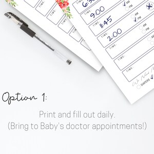 May include: A printable baby log sheet with a floral design. The sheet includes sections for time, checkboxes for AM or PM, and checkboxes for wet, dirty, diapers, wipes, and cream.