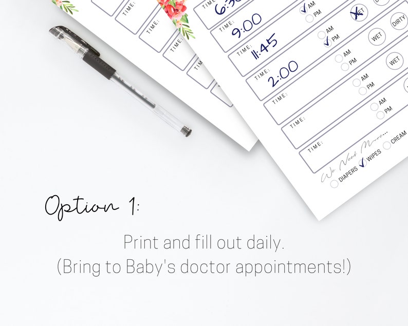 May include: A printable baby log sheet with a floral design. The sheet includes sections for time, checkboxes for AM or PM, and checkboxes for wet, dirty, diapers, wipes, and cream.