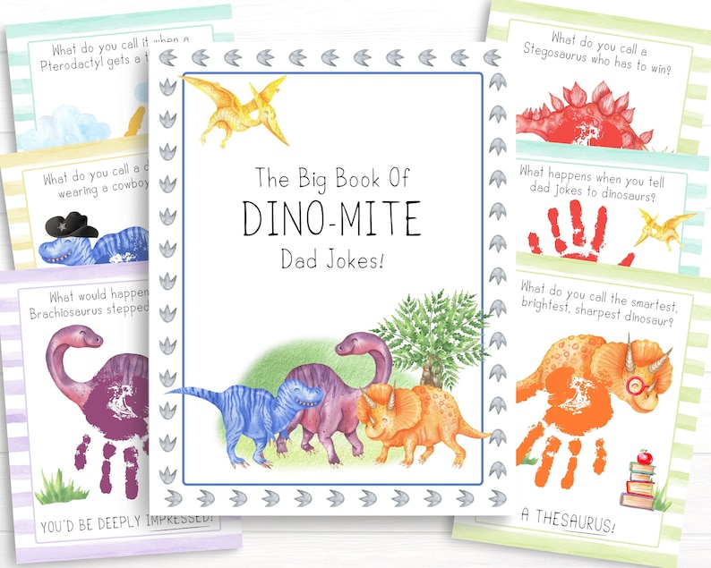 K&ouml;nnte beinhalten: Ein bunter Buchumschlag mit dem Titel "The Big Book of Dino-Mite Dad Jokes!" Der Umschlag zeigt Illustrationen von Dinosauriern und einen Handabdruck mit dem Text "You'd be deeply impressed!"