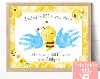 Back to School Teacher Gift for Daycare Preschool or Kindergarten Teachers, Excited to BEE in your Class Handprint Art Card