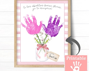 Handabdruck für Abuelita, Geburtstagskarte oder Großeltern-Tageskarte für Abuelita, Blumen-Enkelkind-Handabdrücke