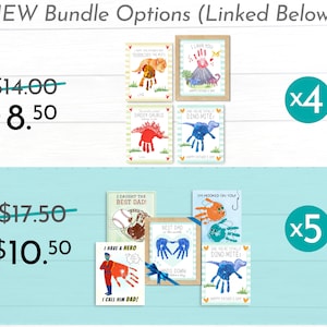 May include: Two sets of Father's Day cards featuring handprint art. The first set includes four cards with dinosaur themes. The second set includes five cards with various themes, including baseball, fishing, and superheroes. The cards are available in bundles with discounted prices.