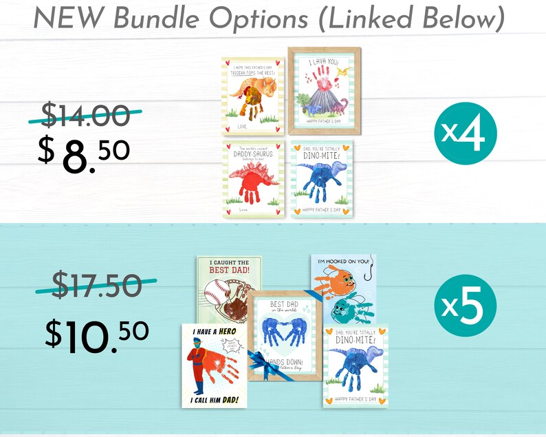 May include: Two sets of Father's Day cards featuring handprint art. The first set includes four cards with dinosaur themes. The second set includes five cards with various themes, including baseball, fishing, and superheroes. The cards are available in bundles with discounted prices.