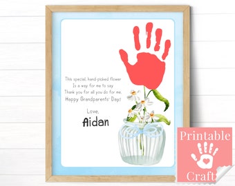 Grandparents Day Flower Craft for Kid, Printable Handprint Art Card for School Project, Gender Neutral Poem