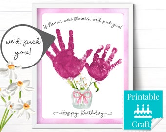 Gift for Nana' Birthday, Handprint Art from 2 Grandkids, Personalized Pretty Watercolor Flower Card