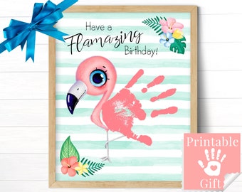 Flamingo Birthday Gift, Handprint Art Personalized Birthday Card, Printable Tropical Summer Birthday Craft for Toddlers Babies and Kids