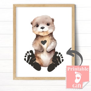 Otter Baby Tiere Kinderzimmer Kunst, Fußabdruck Handwerk, individuelles Geschenk für Baby-Dusche, sofort herunterladen, niedliches Otter Geburtstagsgeschenk