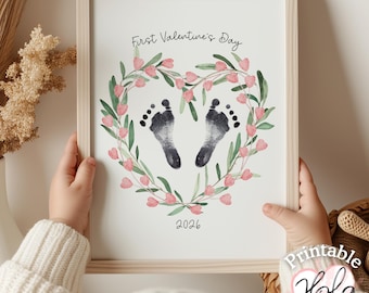 2026 Valentine Footprint Craft, Valentine's Day Nursery Art for Baby Girl, 1st Valentine's Day, Flowers handprint art, New Mom Gift