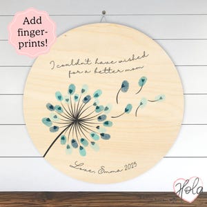 Personalized Mother&#39;s Day Gift for Mom, Fingerprint Art Dandelion, Custom Wooden Sign for Wife from Kids