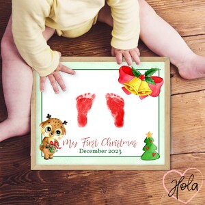 Primera tarjeta navideña del bebé, artesanía con huellas de manos de bebé, recuerdo de huella imprimible, regalo para padres o abuelos