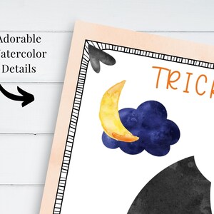 May include: A watercolour illustration of a black cat with a crescent moon and cloud. The text "Trick or Treat" is written in orange letters.