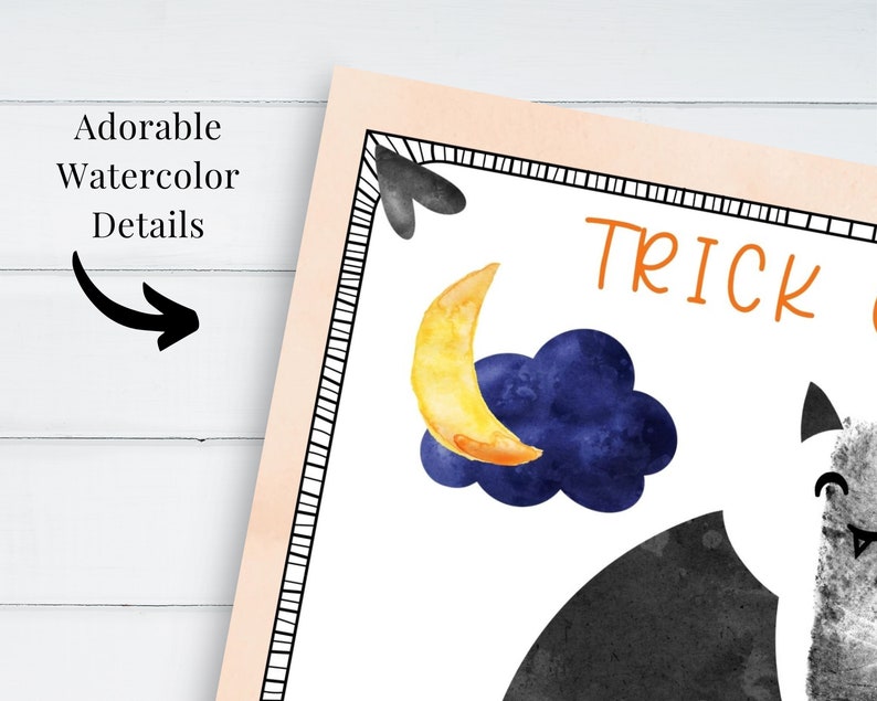 May include: A watercolour illustration of a black cat with a crescent moon and cloud. The text "Trick or Treat" is written in orange letters.