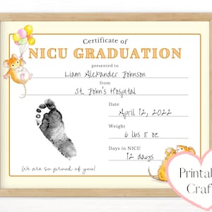 NICU Baby Abschlusszertifikat, druckbare Andenken Zeichen, Geschenk für NICU Eltern, Neugeborene Baby Fußabdruck Handwerk, NICU Baby Absolvent Stats