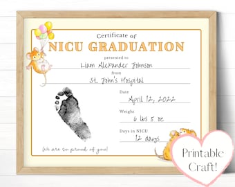 NICU Baby Graduation Certificate, Printable Keepsake Sign, Gift for NICU Parents, Newborn Baby Footprint Craft, NICU Baby Graduate Stats