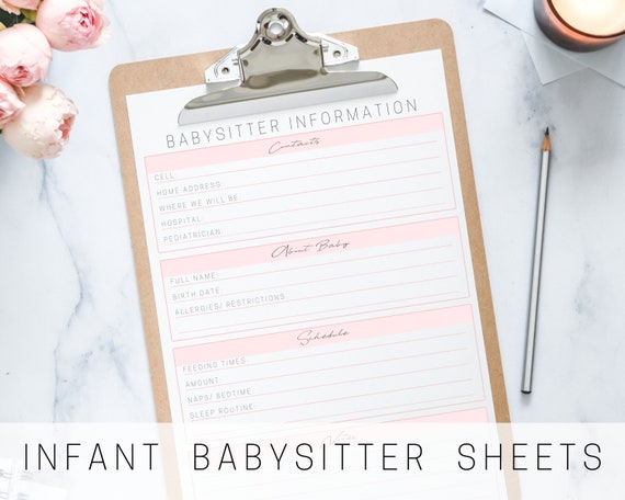 Newborn Planner, Babysitter Information Sheet for Baby, Pink New Mom Printables