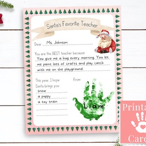 Tarjeta de huella navideña del maestro favorito de Papá Noel del estudiante, regalo personalizado del maestro de escuela primaria del niño