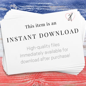 May include: A stack of white cards with the text "This item is an INSTANT DOWNLOAD. High-quality files immediately available for download after purchase!" and a pink heart with the letter "H" inside.