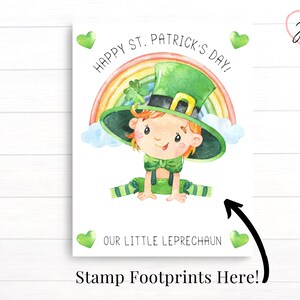 Image showing the page without footprints. There is a blank space available where two footprints can be added to complete the image of the baby leprechaun.