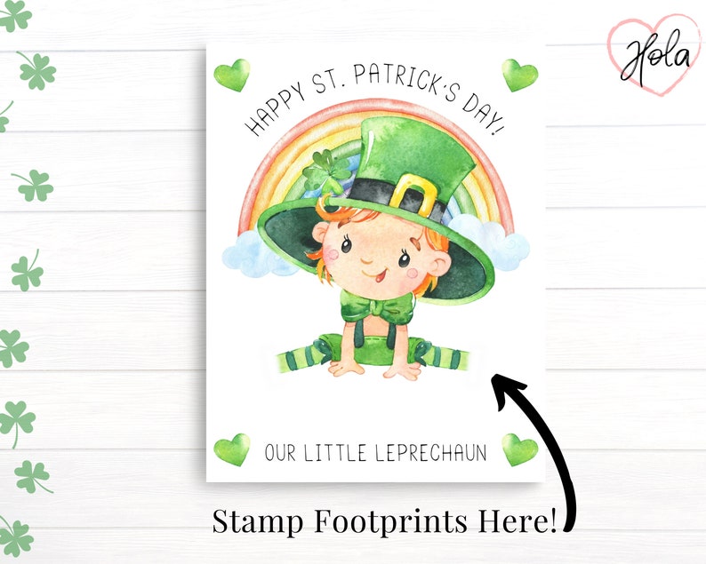 Image showing the page without footprints. There is a blank space available where two footprints can be added to complete the image of the baby leprechaun.