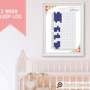 May include: A printable 2-week sleep log chart with a floral design. The chart is divided into 12-hour blocks and includes days of the week. The start date is 2/15/20.