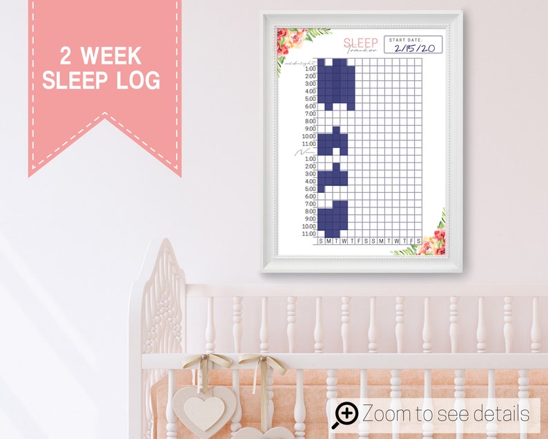 May include: A printable 2-week sleep log chart with a floral design. The chart is divided into 12-hour blocks and includes days of the week. The start date is 2/15/20.