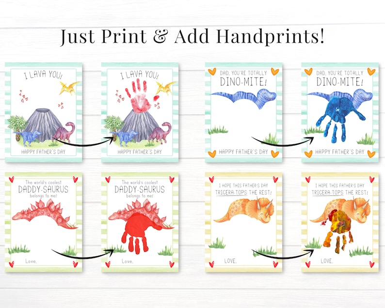 May include: Eight printable Father's Day cards featuring dinosaurs and handprint spaces. The cards have a variety of designs, including a volcano, a triceratops, and a stegosaurus. The text on the cards includes "I Lava You!" and "Dad, You're Totally Dino-Mite!"