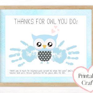 Modèle de carte de remerciement, art de l'empreinte de main hibou, cadeaux de professeur personnalisés d'un garçon, travaux manuels imprimables pour enfants, cadeau de remerciement