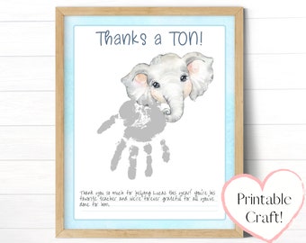 Thank You Card From Kids, Printable Craft, Elephant Handprint Art, Teacher Gift