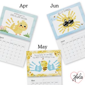 May include: A spiral-bound calendar featuring hand-drawn illustrations for April, May, and June. The April page has a chick with the text "Wishing you an EGGS-ELLENT EASTER!". The May page has a bee with the text "I'm as lucky as can BEE. The BEST family belongs to me!". The June page has a sun with the text "HELLO SUMMER!".