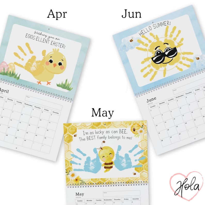 May include: A spiral-bound calendar featuring hand-drawn illustrations for April, May, and June. The April page has a chick with the text "Wishing you an EGGS-ELLENT EASTER!". The May page has a bee with the text "I'm as lucky as can BEE. The BEST family belongs to me!". The June page has a sun with the text "HELLO SUMMER!".