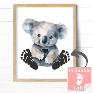 Decoração de berçário de urso coala, arte de pegada de bebê, downloads de estampas de animais, presente de bebê neutro em termos de gênero, arte de parede minimalista boho personalizada