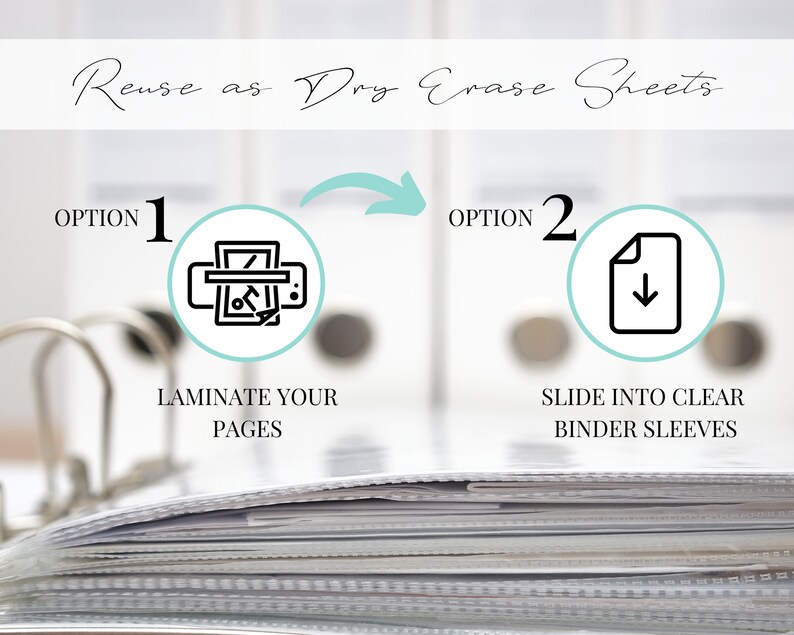 May include: Two options for reusing printed pages as dry erase sheets. Option 1: Laminate your pages. Option 2: Slide into clear binder sleeves.