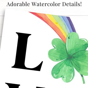 Peut inclure: Une illustration aquarelle d'un tr&egrave;fle &agrave; quatre feuilles avec un arc-en-ciel qui l'enjambe. Le mot "LUCK" est &eacute;crit en lettres noires sous le tr&egrave;fle.