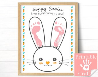 Easter Bunny Ears Footprint Art, Hoppy Easter Printable, Handmade Cards, Easy Preschool Handprint Arts and Crafts Ideas